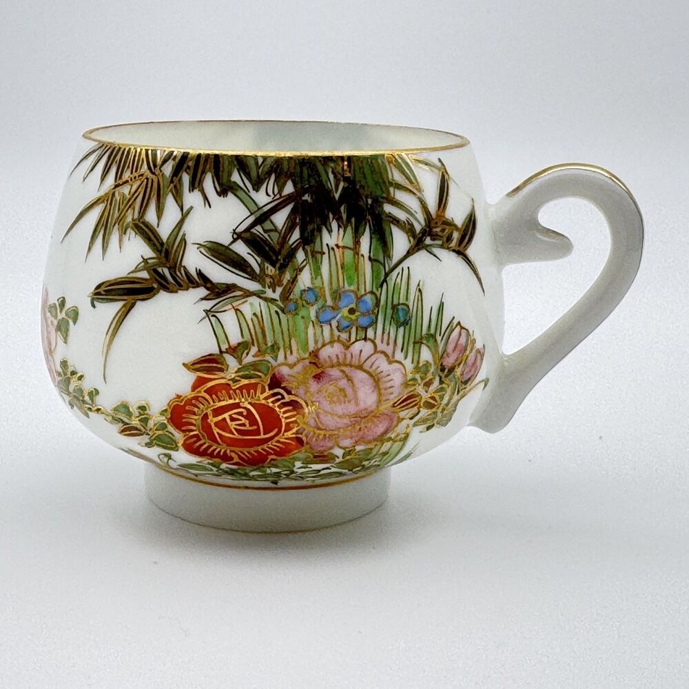 Porcelain Eggshell Floral Bamboo Tea Cup Gold Trim Hand Painted Footed 2" MCM